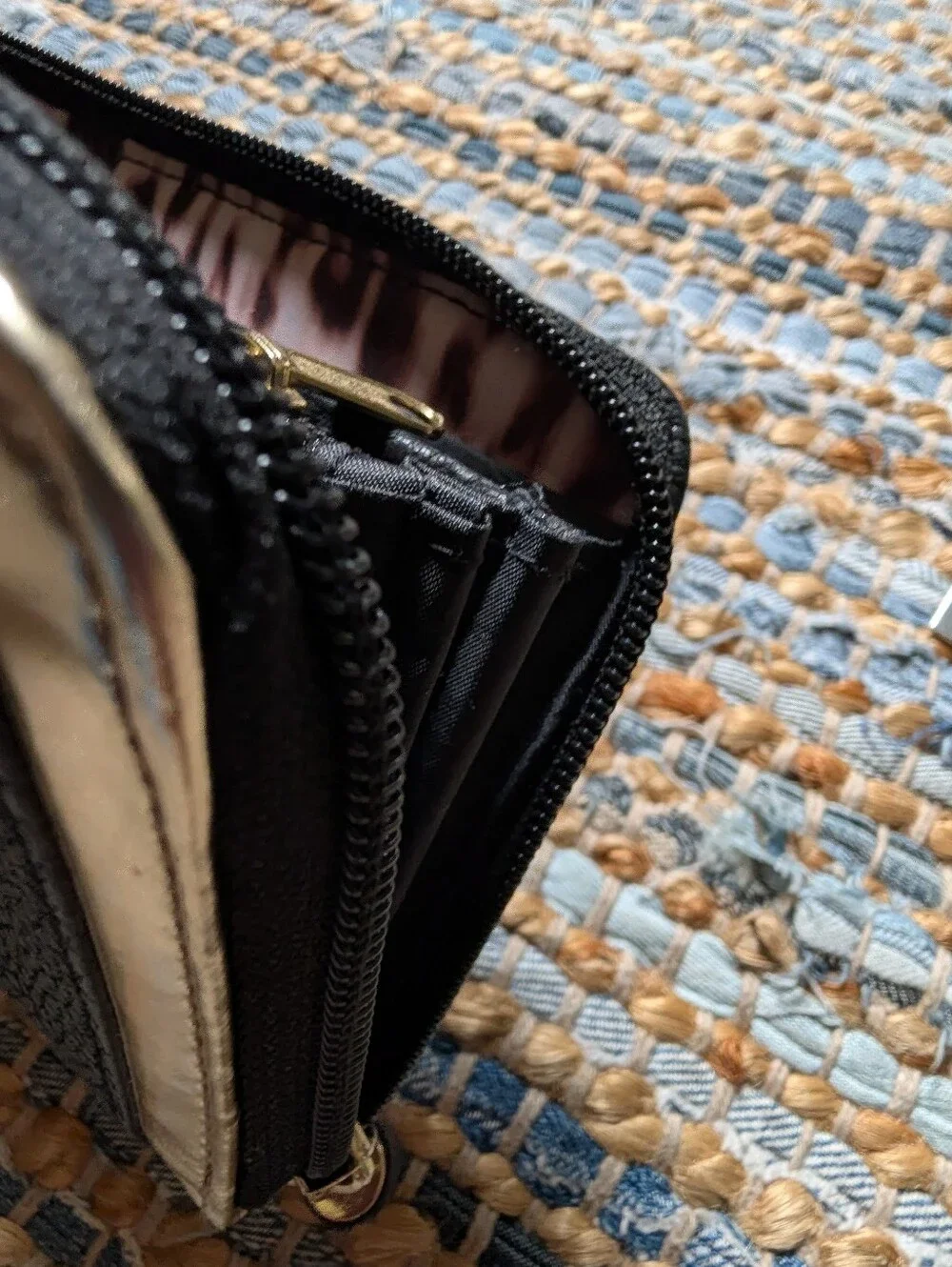 Nicole Miller New York Wallet Black Gold Zip Around Leopard Continental